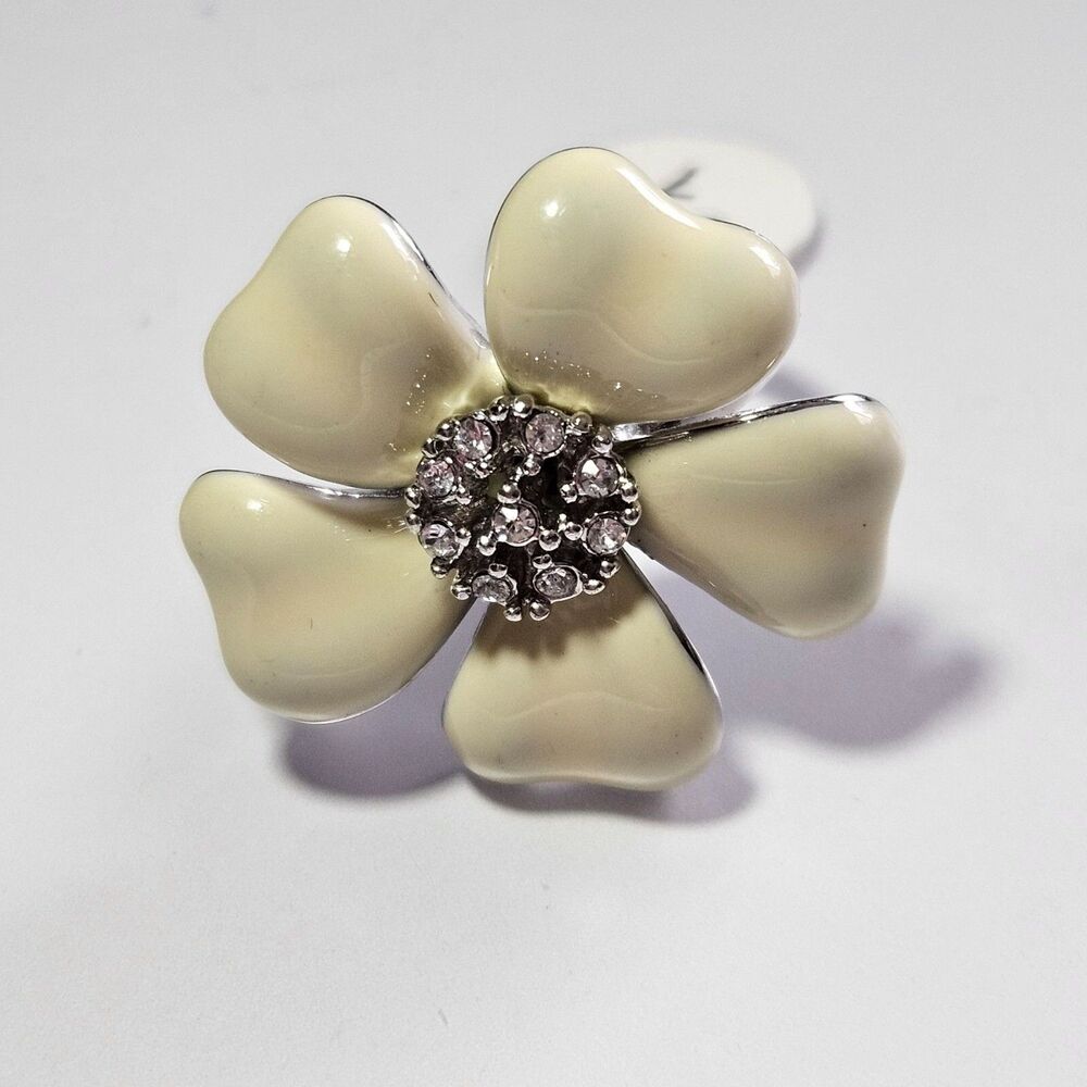 Silver Tone White Enamel Clear Rhinestone Accents Flower Ring Size 7